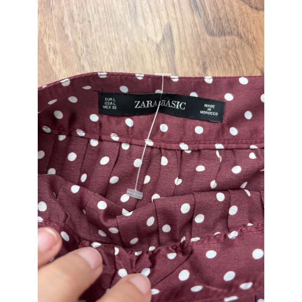 Zara Polka Dot Pleated Midi Skirt Burgundy Wine Button Front Large NWT